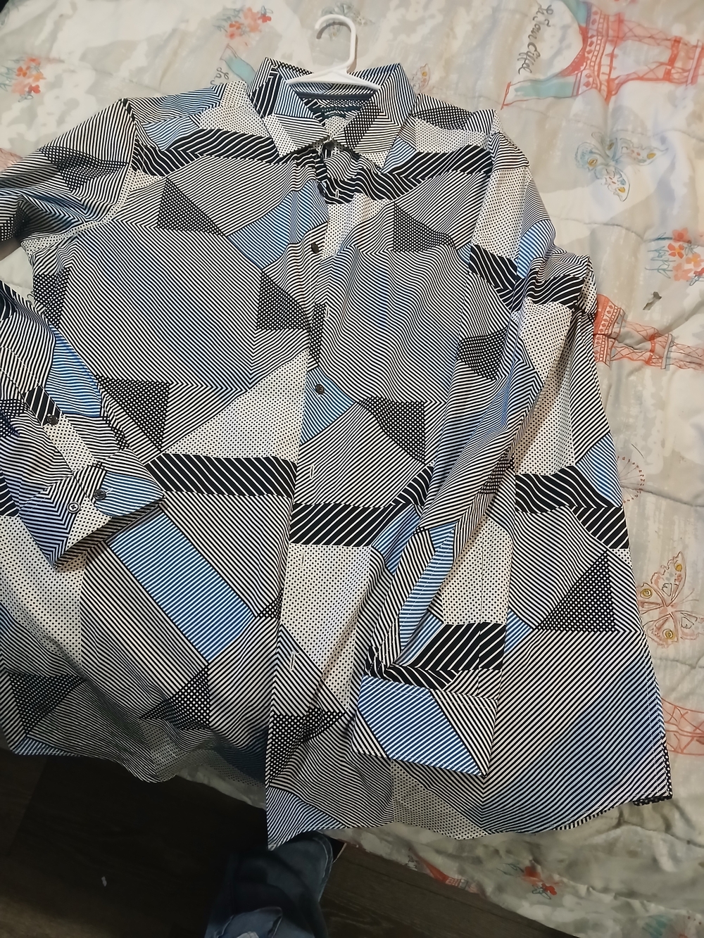 Perry Ellis Geometric Button-Up Shirt in Black, White and Light Blue